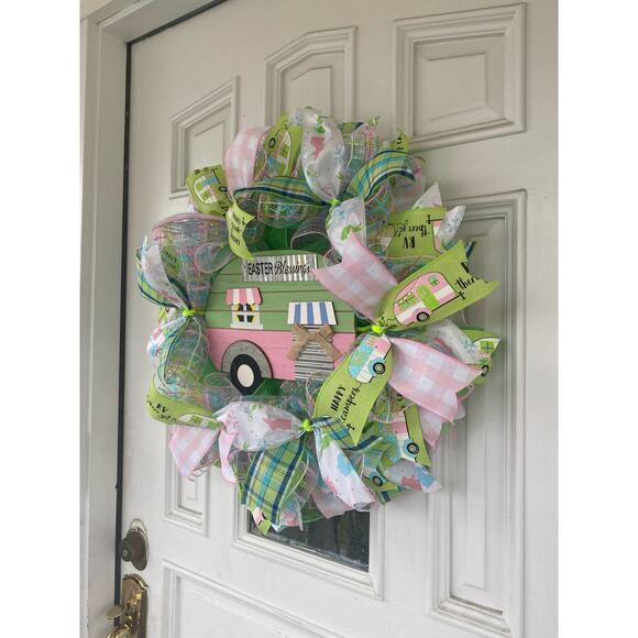 Easter Blessings Camper Sweet Camper RV There Yet Deco Spring Mesh Ribbon Wreath - Picture 5 of 7
